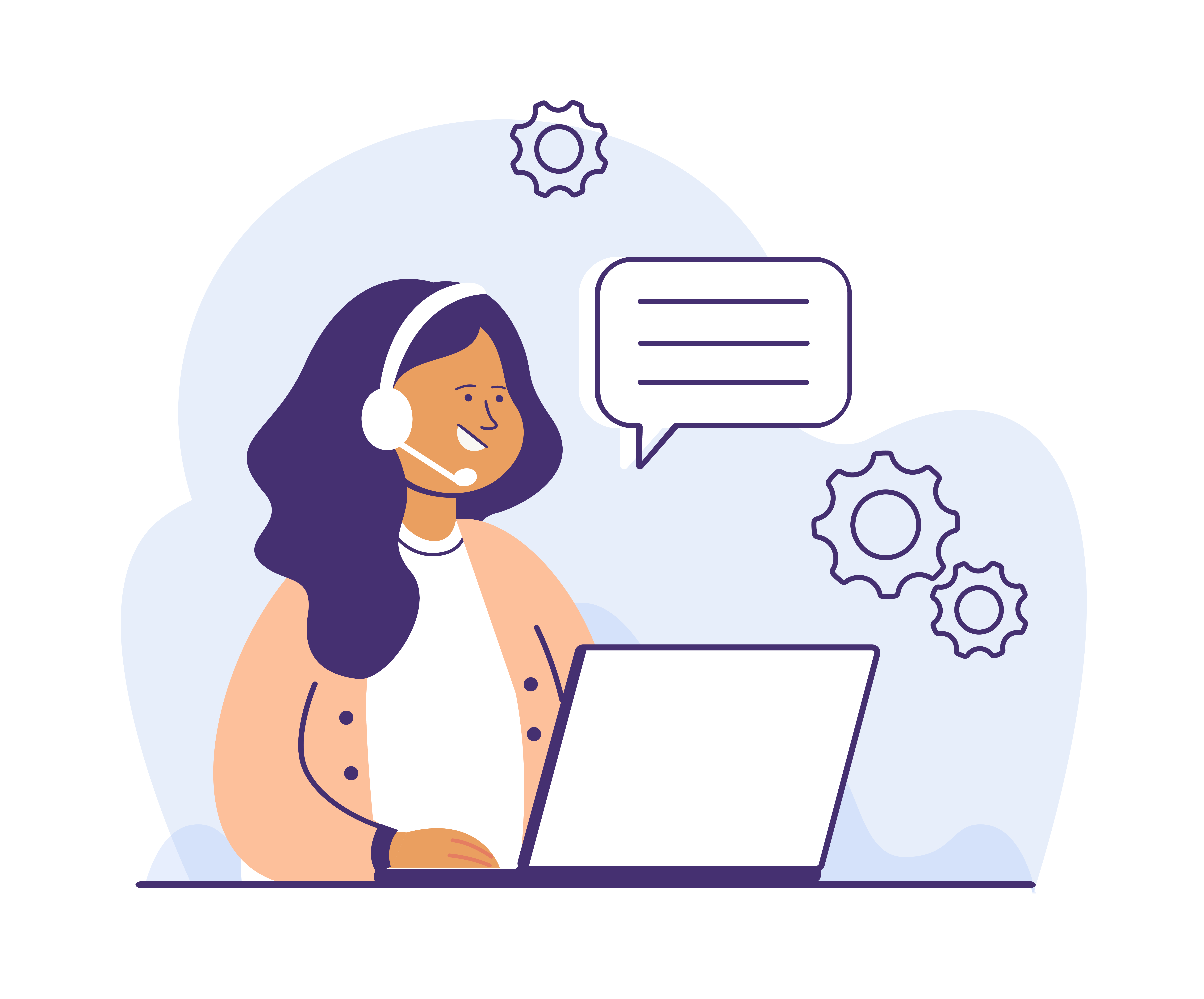 Illustrazione operatrice assistenza al laptop con ingranaggi